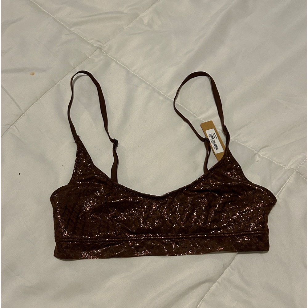 Brown skims shimmery bralette